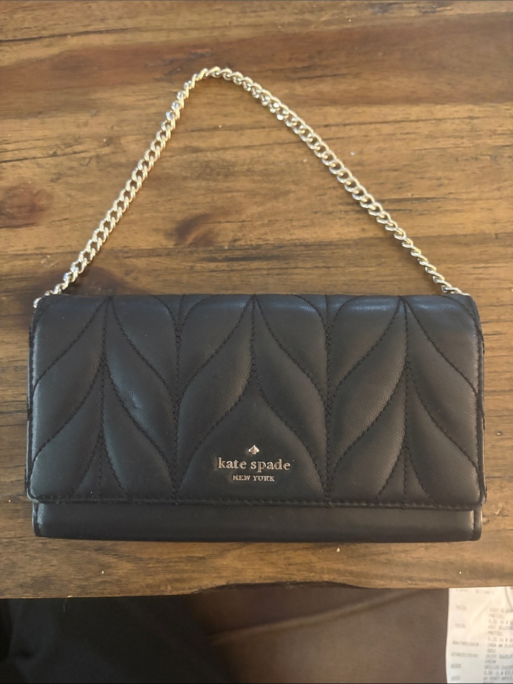 kate spade Black Quilted Leather Chain Clutch with Gold Hardware